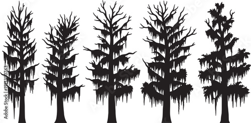 Black Solid Spanish Moss Tree Silhouettes Set of Six on White Background