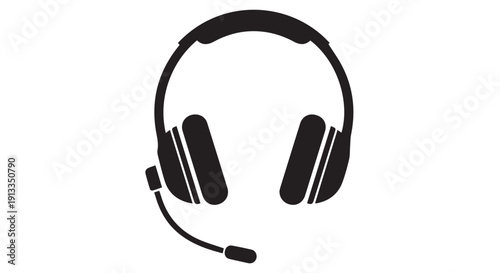 Black icon of a gaming or call center headset with microphone on Transparent Background for tech or communication themes.