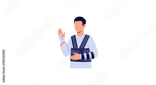 Man with Injured Arm and Back Support, Illustration, White Background