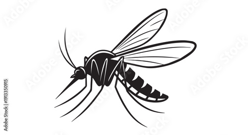 Detailed black and white illustration of a mosquito in flight, showcasing its wings and body structure, ideal for health and science content.