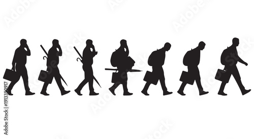 Silhouettes of people walking in different directions with various objects, isolated on Transparent Background, conveying a sense of movement and diversity.