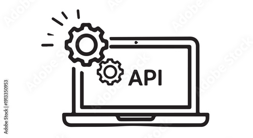 Simple black and white illustration of a laptop with API on screen and gears, representing software development and technology integration.