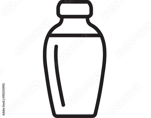 Shaker bottle icon in bold black outline, minimalist barware symbol for cocktail mixing, alcohol drink preparation, menu design, app UI, and infographic use