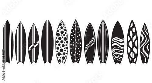 Collection of black and white surfboards with unique designs and patterns, isolated on Transparent Background, perfect for surfing and beach themes.