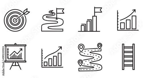 Business strategy and growth icons including target, roadmap, bar graphs, and ladder on Transparent Background for marketing and finance concepts.