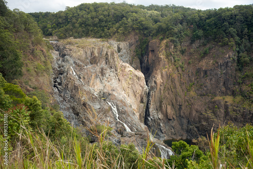 Authentic view to canyon in Queensland with the cascading Barron Falls, surrounded by dense tropical forest in Australia. It is used to showcase authentic natural attractions in tourism materials.