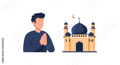 Man Praying Near Mosque with Crescent Moon at Night