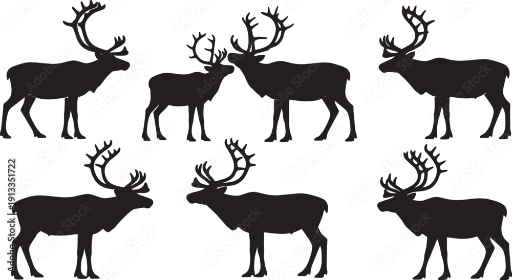 Fototapeta premium Black Solid Reindeer Head Held to Side Silhouettes Set of Six on White Background
