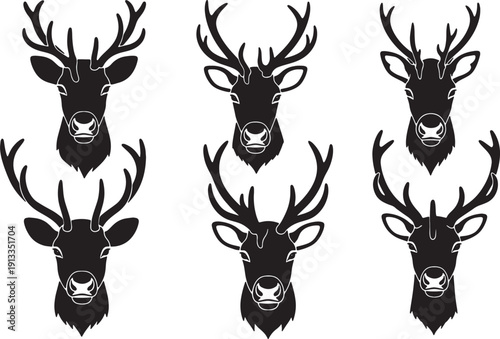 Black Solid Reindeer Focused Forward Silhouettes Set of Six on White Background