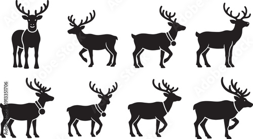 Black Solid Reindeer with Head Bob Silhouettes Set of Six on White Background