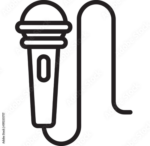 Microphone icon with cable in bold black outline, minimal flat vector symbol for audio recording, podcasting, broadcasting, music, speech and voice control UI design