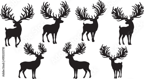 Black Solid Reindeer with Exaggerated Antlers Silhouettes Set of Six on White Background