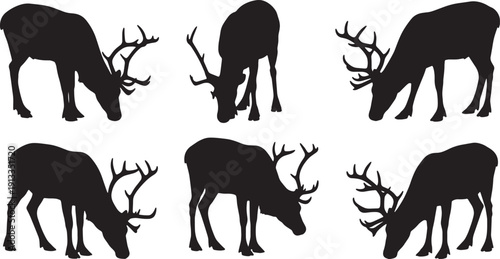 Black Solid Reindeer Head Lowered and Attentive Silhouettes Set of Six on White Background