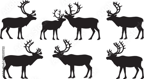 Black Solid Reindeer Head Held to Side Silhouettes Set of Six on White Background