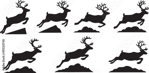 Black Solid Reindeer Jumping Over Obstacle Silhouettes Set of Six on White Background