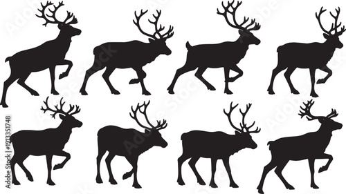 Black Solid Reindeer with One Leg Lifted Silhouettes Set of Six on White Background