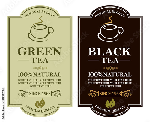 collection of green and black tea labels with leaves and cup