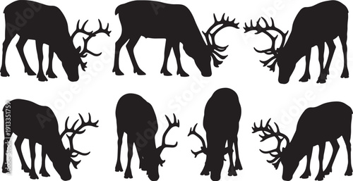 Black Solid Reindeer Looking Down Silhouettes Set of Six on White Background