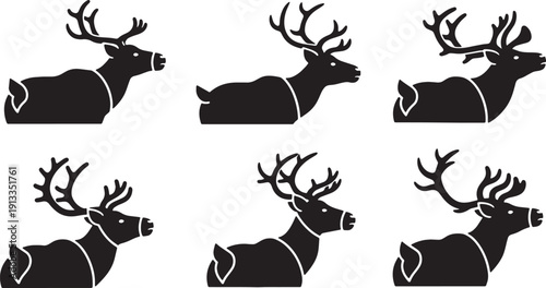 Black Solid Reindeer Looking Over Shoulder Silhouettes Set of Six on White Background