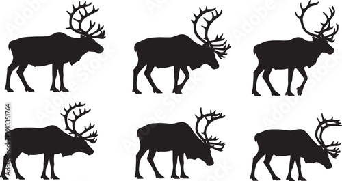 Black Solid Reindeer from Low Angle View Silhouettes Set of Six on White Background