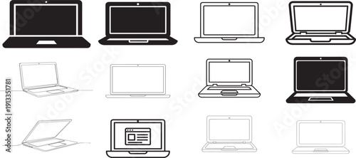 Laptop collection in various designs and angles. Modern and versatile computers for various applications.