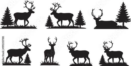 Black Solid Reindeer in Natural Forest Setting Silhouettes Set of Six on White Background