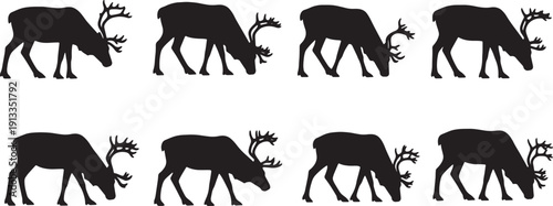 Black Solid Reindeer Pawing Snow and Ground Silhouettes Set of Six on White Background