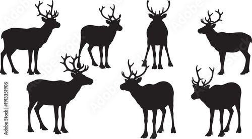 Black Solid Reindeer Wary and Hesitant Silhouettes Set of Six on White Background