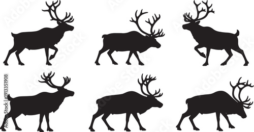 Black Solid Reindeer Wide Expansive Stance Silhouettes Set of Six on White Background