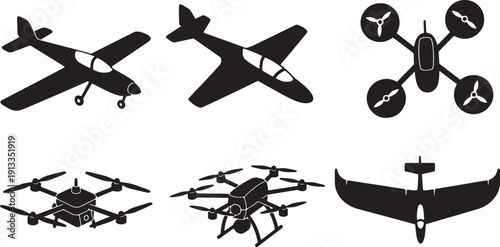 Black Solid Remote Control Aircraft Silhouettes Set of Six on White Background