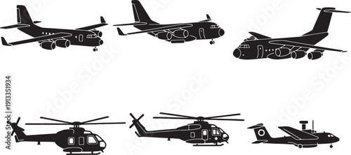 Black Solid Rescue and Search Aircraft Silhouettes Set of Six on White Background