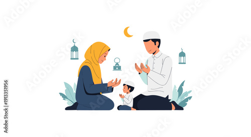 Family Praying Together during Ramadan with Lanterns and Crescent Moon
