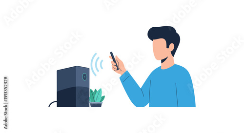 Man controlling speaker with smartphone, modern wireless technology, blue shirt, minimalist background