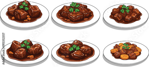 Gourmet braised meat and beef stew plates vector set. Savory portions of slow-cooked meat with rich gravy and fresh herb garnishes. Professional food illustrations for menus.