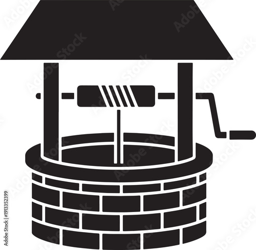 Traditional Water Well with Brick Base, Roof, Rope, and Bucket