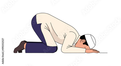 Man Praying in Sujud Position with White Cap and Simple Outfit