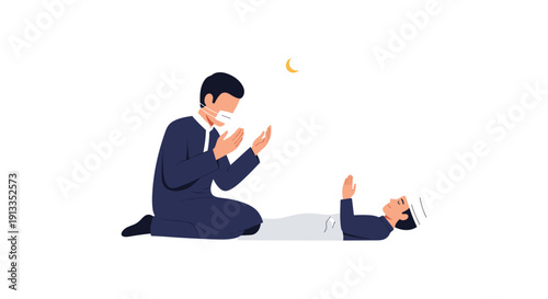 Man Praying Over Lying Businessman Under Moonlight, Serene Night Scene