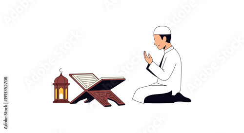 Man Praying with Quran on Stand beside Lantern, Serene Islamic Scene