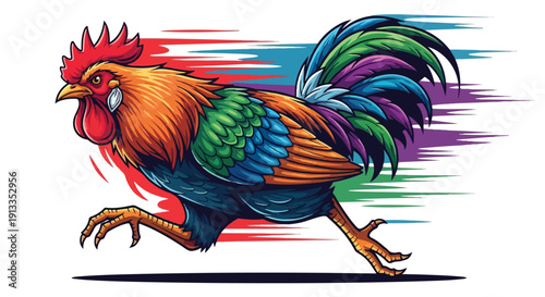 Funny Fast Running Rooster with Motion Blur Trails, Colorful Cockerel Racing Illustration, Vintage Newspaper Clipping Collage Style