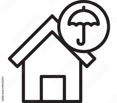 Home insurance icon showing a house with umbrella symbol, line art illustration for property protection, coverage policy, risk management, real estate and security concept