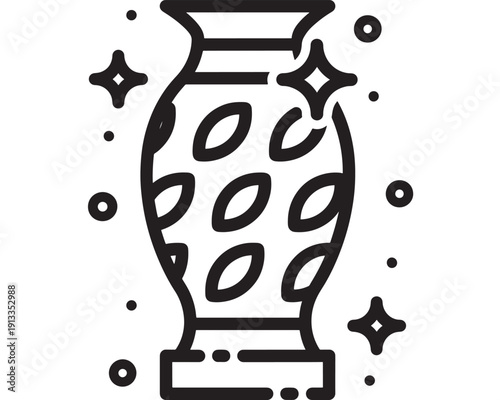 Vase icon in bold outline style with decorative dots and sparkles, minimalist black and white pottery symbol for home decor, ceramics, crafts, and UI design