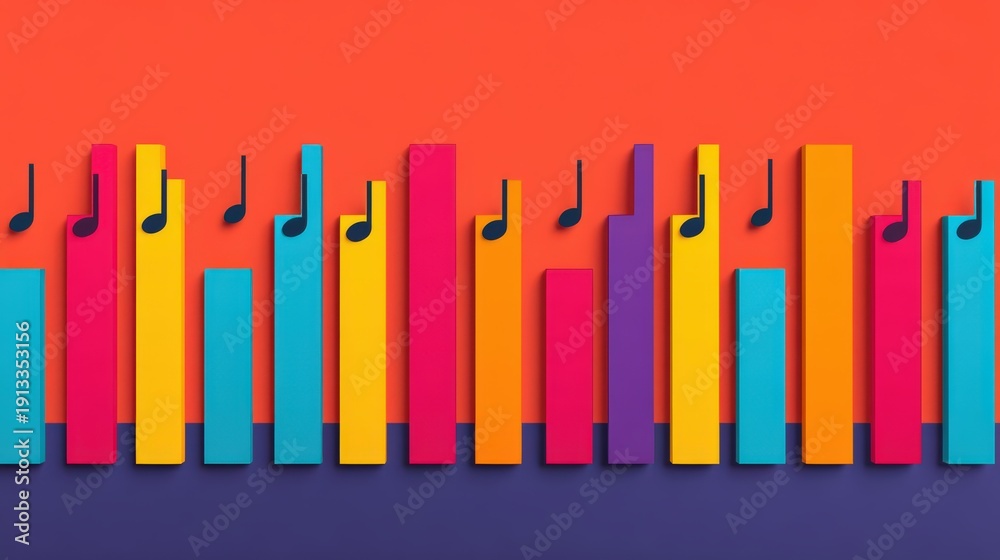 Obraz premium Colorful rectangular bars and musical notes arranged in a pattern resembling a music equalizer against a bold, dual-tone background.