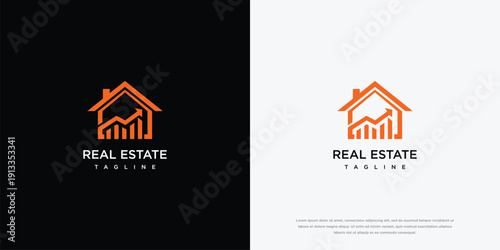 Real Estate Logo House with Growth Chart Orange on Black  White.