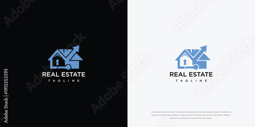 Real Estate Logo House Key Growth Arrow - Blue Icon.