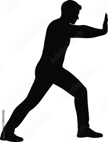 A male silhouette in a dynamic stance performs a martial arts move against a white background