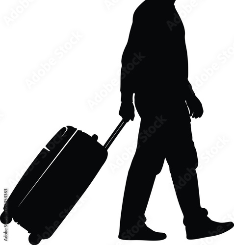 Silhouetted man walking with wheeled luggage on a white background, illustrating travel and journey concept