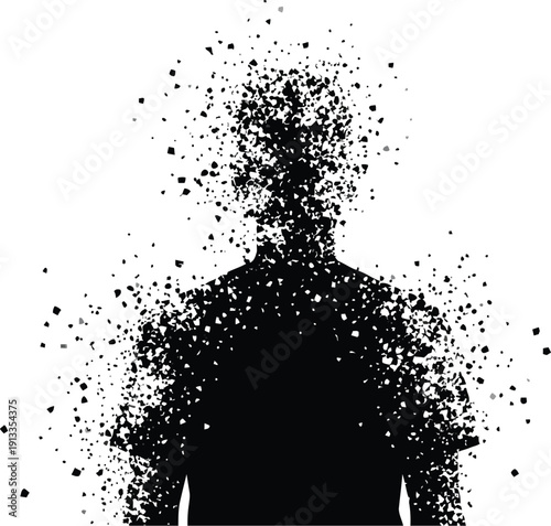 Silhouette of a man disintegrating into small fragments against a white background with splatter effect