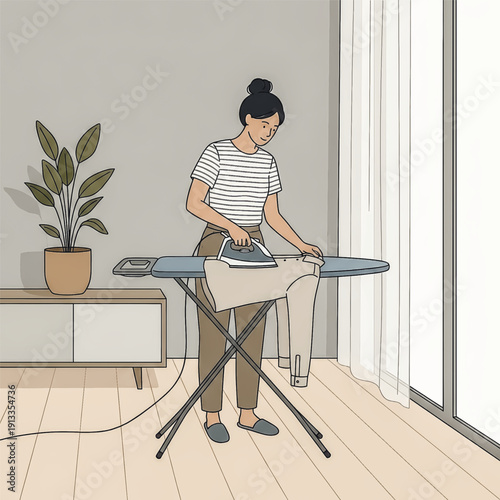 Young woman ironing a shirt on a board. Daily routine, domestic life, and housekeeping concept in a modern home interior.. Vector illustration