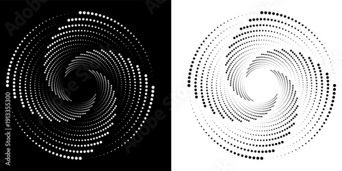 Modern abstract background. Halftone dots in circle form. Spiral logo, icon or design element. Black dots on a white background and white dots on the black side.