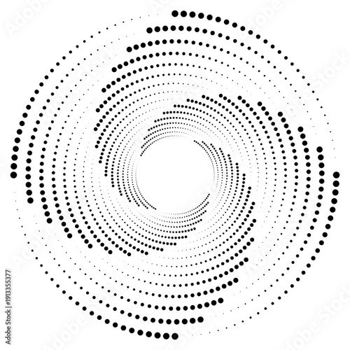 Modern abstract background. Halftone dots in circle form. Spiral logo, icon or design element. Black dots on a white background and white dots on the black side.